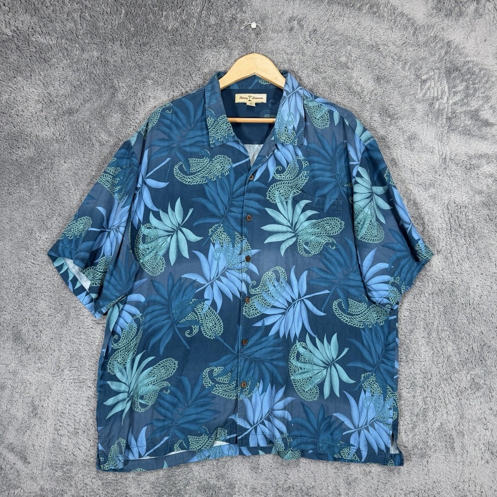 Tommy Bahama Shirt‎ Mens 2XL Blue 100% Silk Loop Collar Leaf Tropical Hawaiian